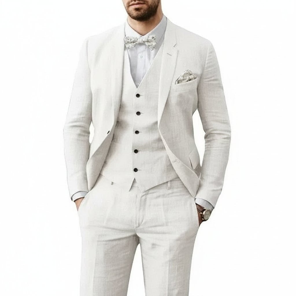 Men's Three-Piece Linen Wedding Suit Summer Formal Set - Weiß