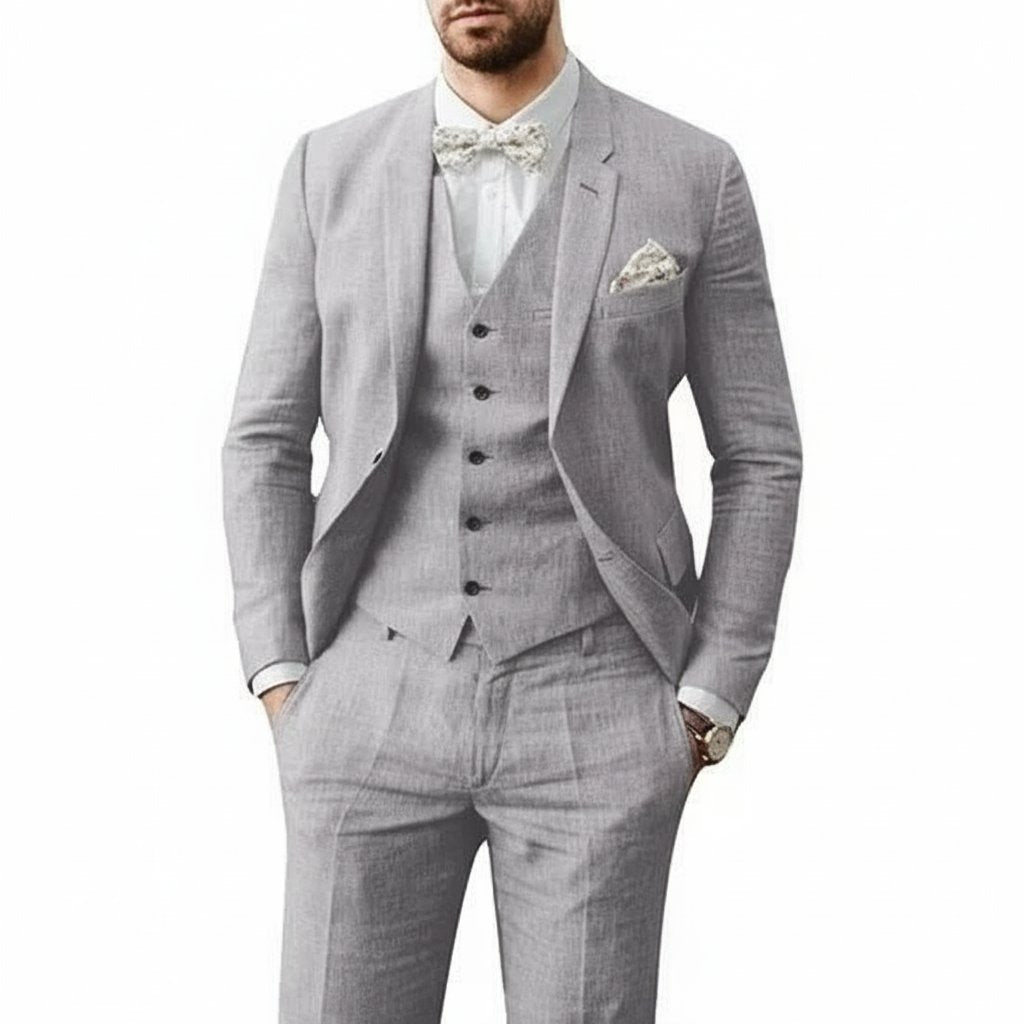 Men's Three-Piece Linen Wedding Suit Summer Formal Set - Grau