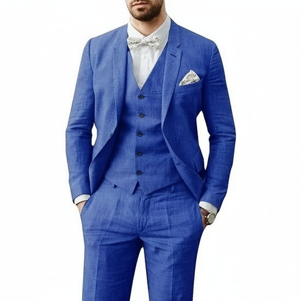 Men's Three-Piece Linen Wedding Suit Summer Formal Set - Blau