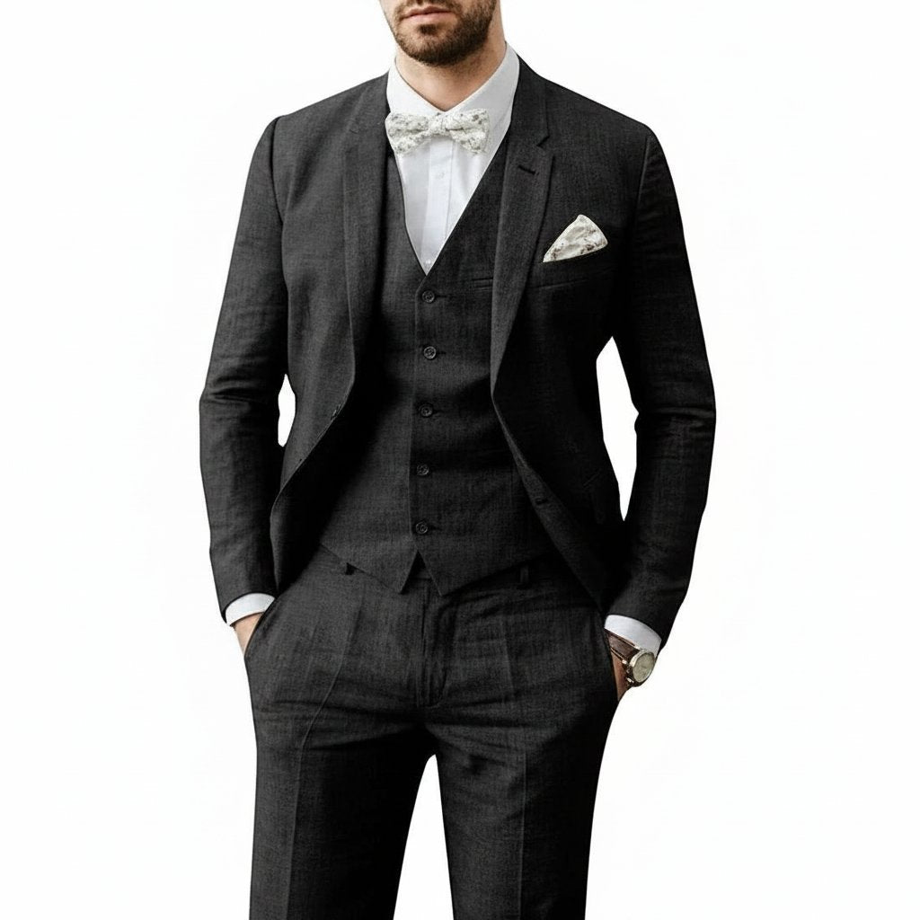 Men's Three-Piece Linen Wedding Suit Summer Formal Set - Schwarz