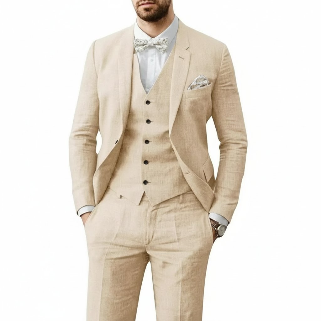 Men's Three-Piece Linen Wedding Suit Summer Formal Set - Beige