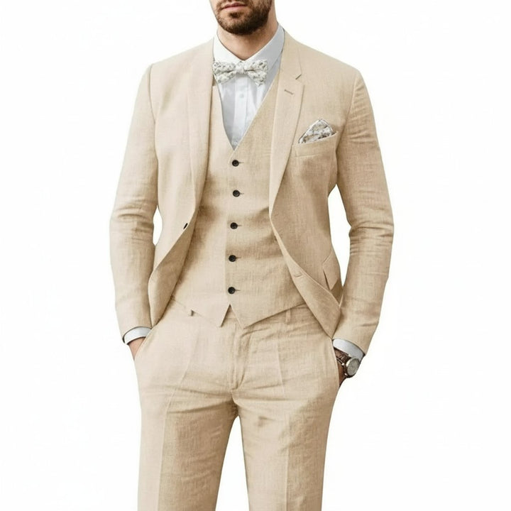 Men's Three-Piece Linen Wedding Suit Summer Formal Set - Beige