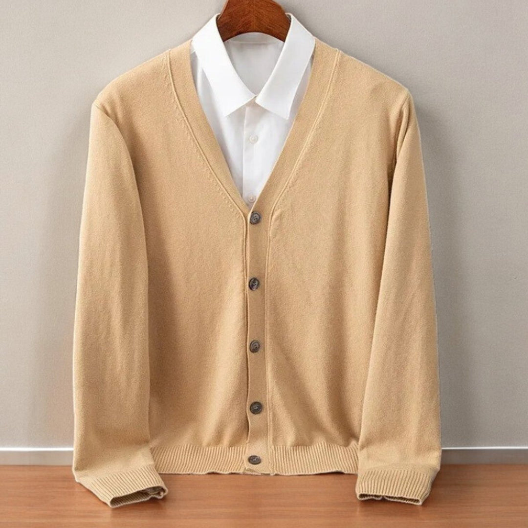 Men's V-Neck Button-Up Cashmere Blend Knit Cardigan Jumper - Camel