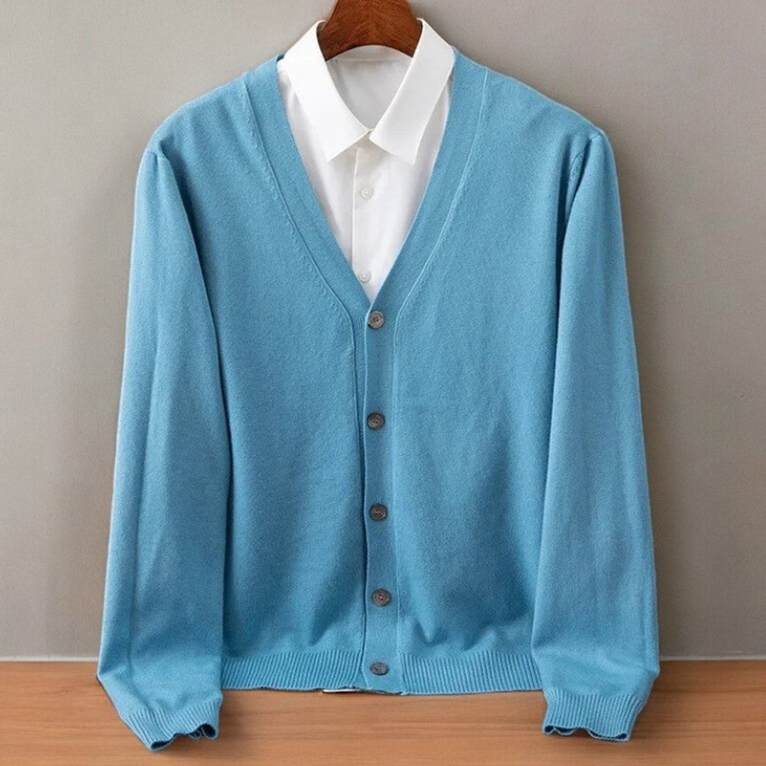 Men's V-Neck Button-Up Cashmere Blend Knit Cardigan Jumper - Sky Blue