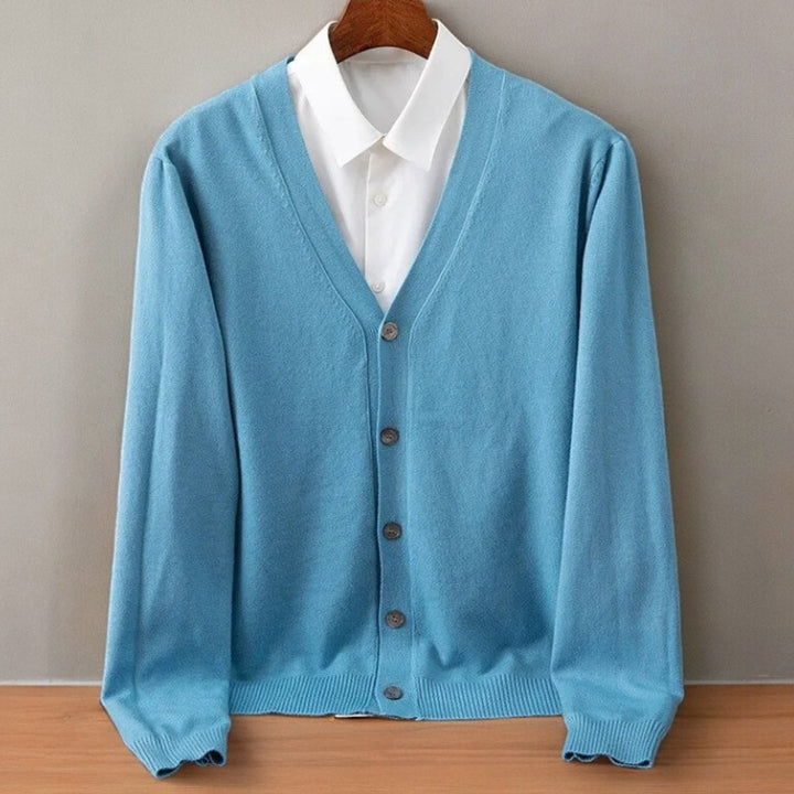 Men's V-Neck Button-Up Cashmere Blend Knit Cardigan Jumper - Sky Blue