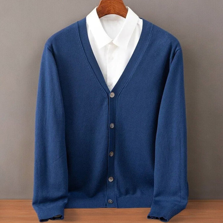 Men's V-Neck Button-Up Cashmere Blend Knit Cardigan Jumper - Navy