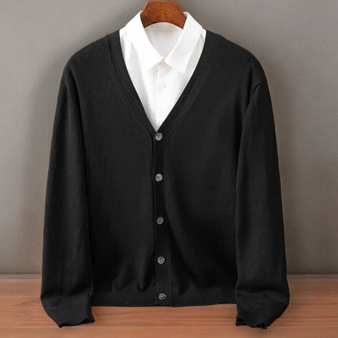 Men's V-Neck Button-Up Cashmere Blend Knit Cardigan Jumper - Black
