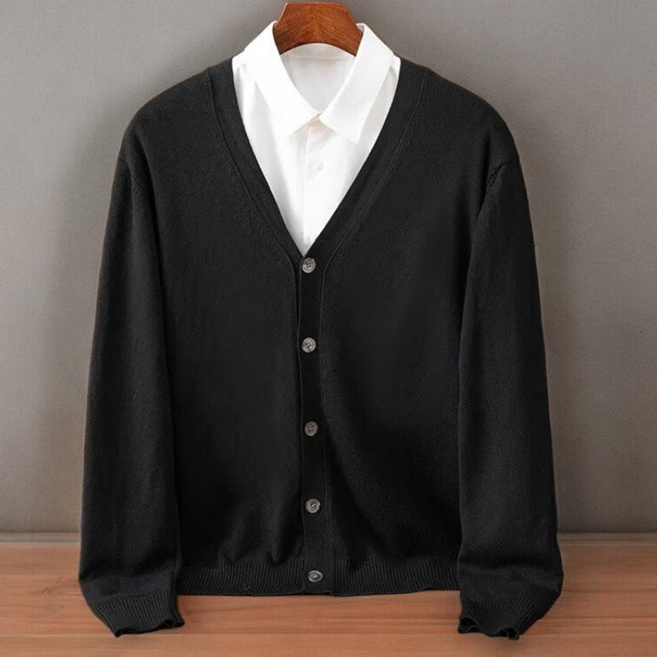 Men's V-Neck Button-Up Cashmere Blend Knit Cardigan Jumper - Black