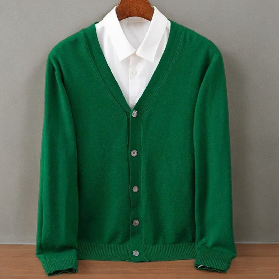 Men's V-Neck Button-Up Cashmere Blend Knit Cardigan Jumper - Emerald