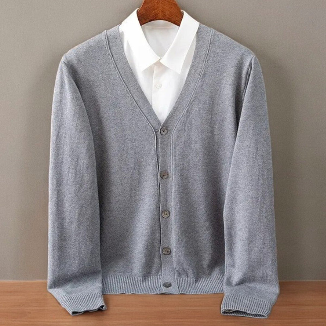 Men's V-Neck Button-Up Cashmere Blend Knit Cardigan Jumper - Grey