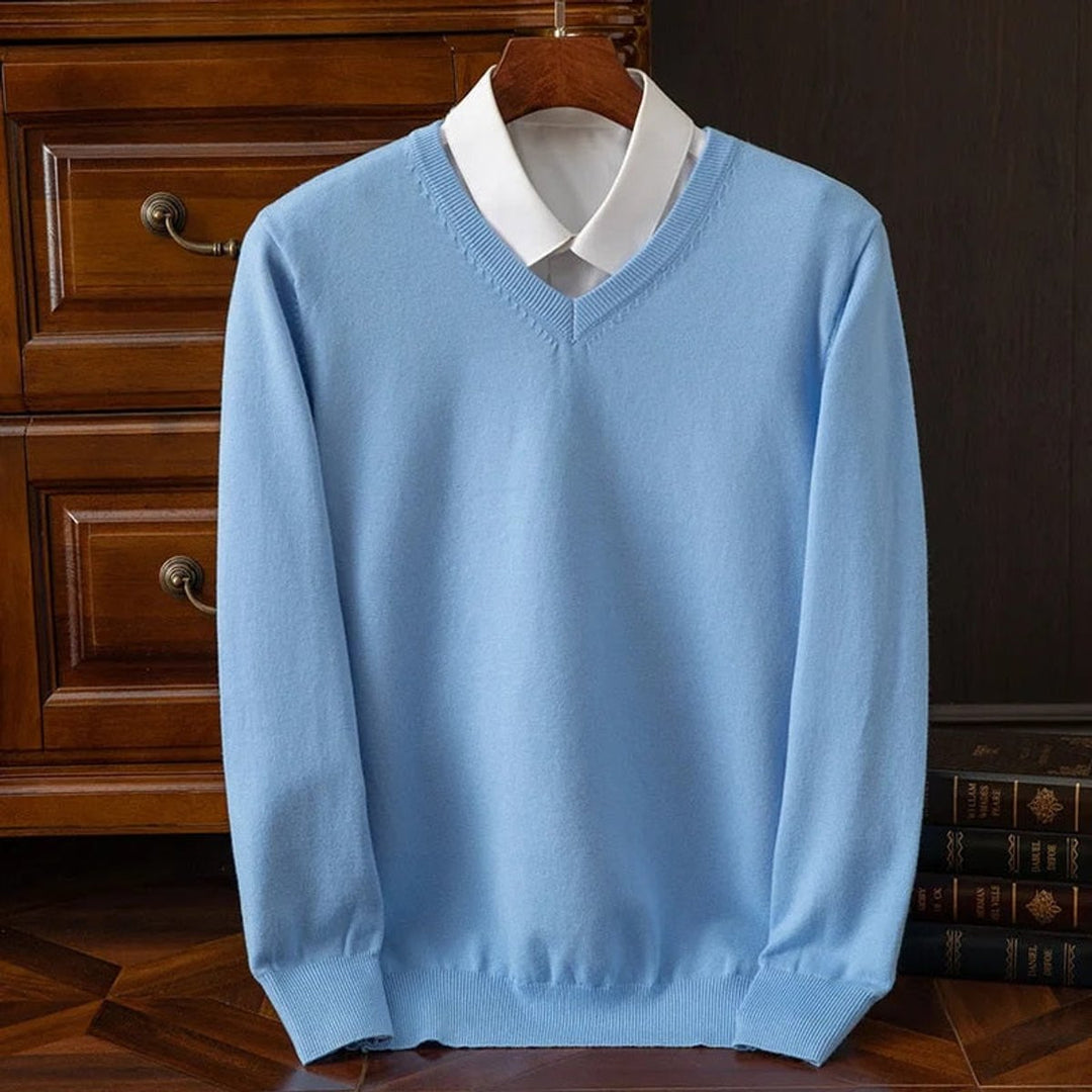 Mens V-Neck Cashmere Blend Knit Jumper - Sky Blue