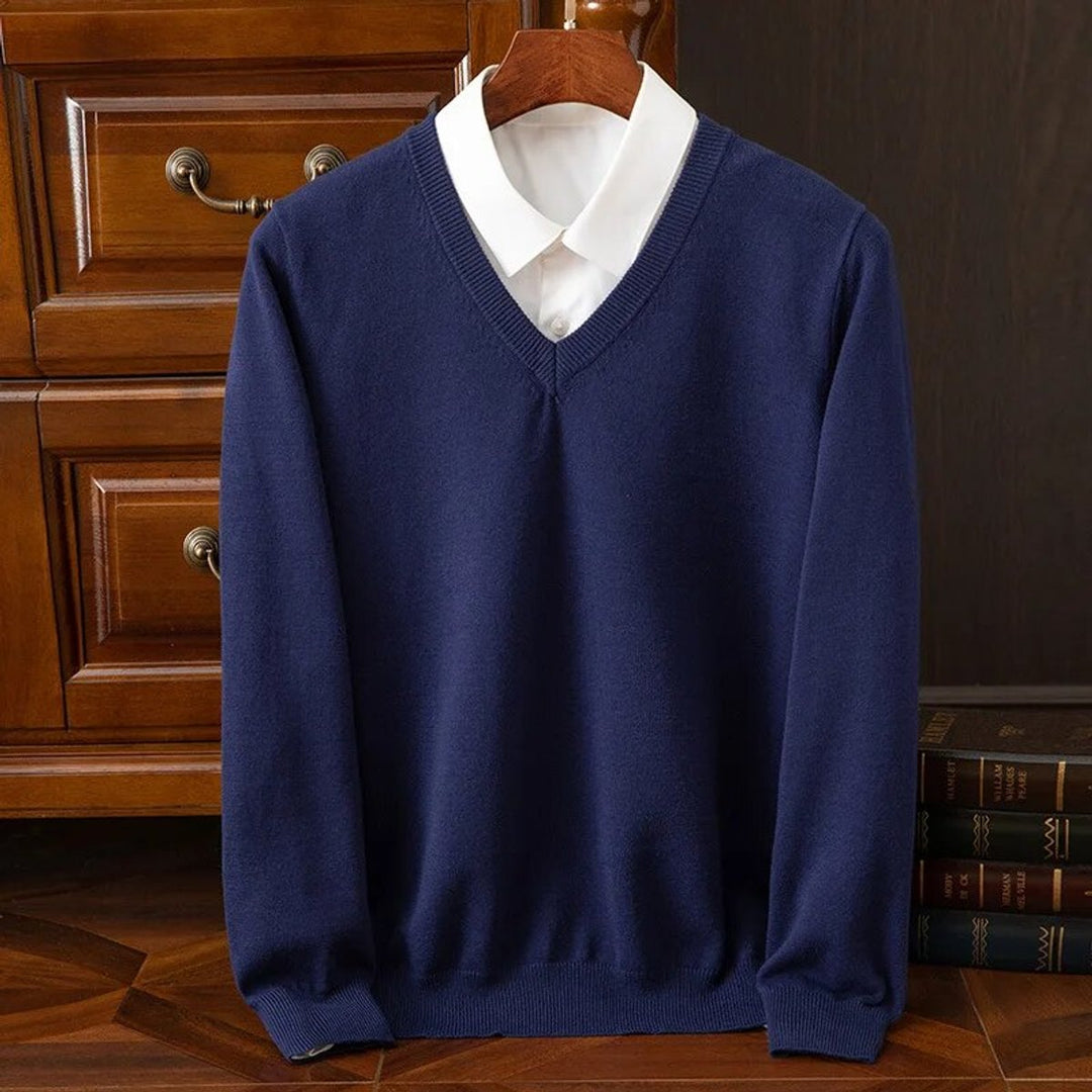 Mens V-Neck Cashmere Blend Knit Jumper - Navy