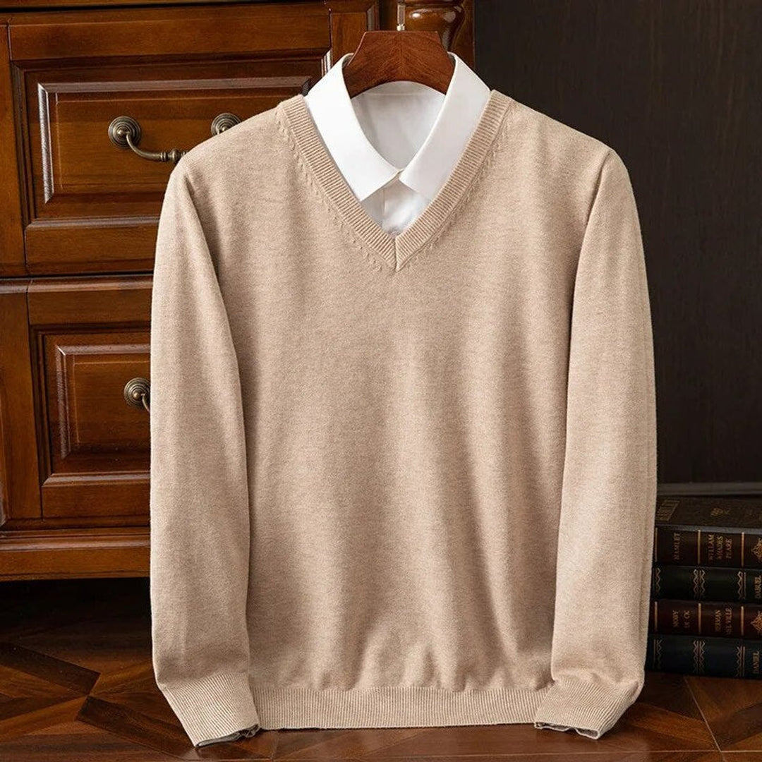 Mens V-Neck Cashmere Blend Knit Jumper - Beige