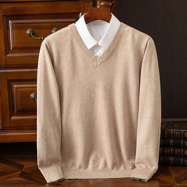 Mens V-Neck Cashmere Blend Knit Jumper - Beige