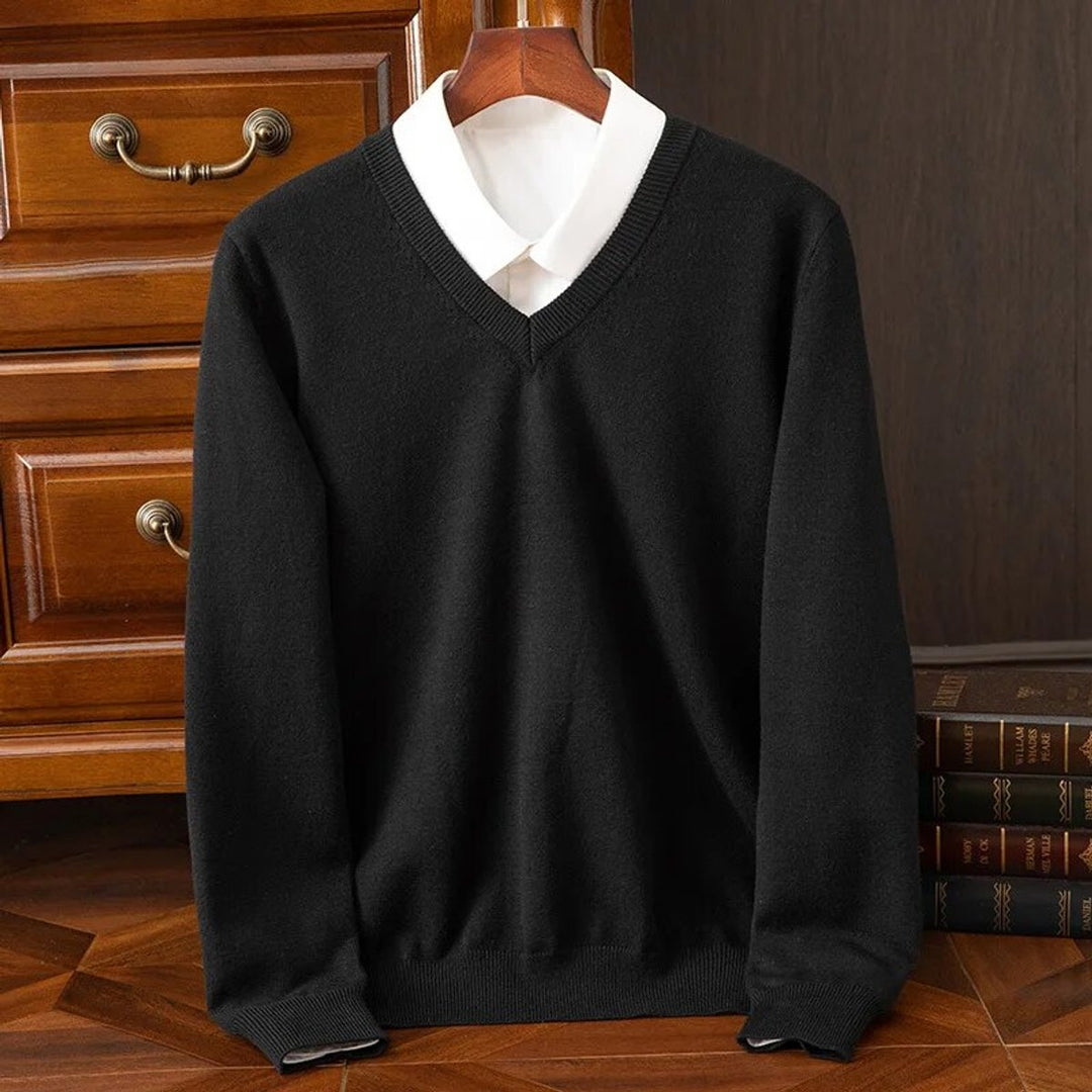 Mens V-Neck Cashmere Blend Knit Jumper - Black
