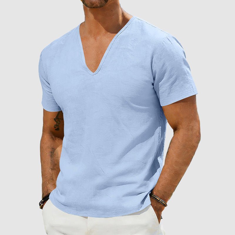 Men's V-Neck Linen Short-Sleeve T-Shirt - Blue