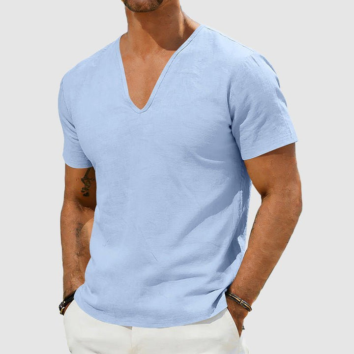 Men's V-Neck Linen Short-Sleeve T-Shirt - Blue