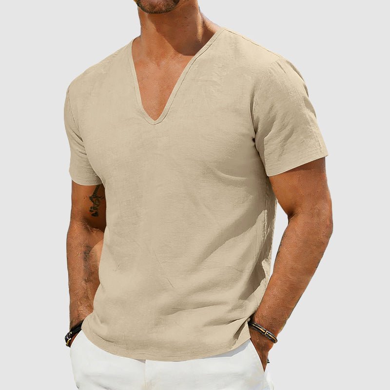 Men's V-Neck Linen Short-Sleeve T-Shirt - Khaki