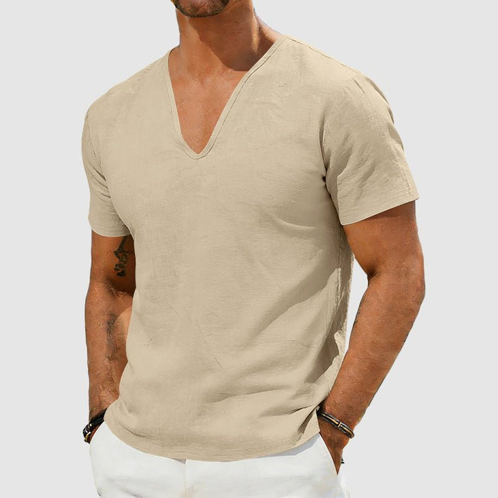 Men's V-Neck Linen Short-Sleeve T-Shirt - Khaki