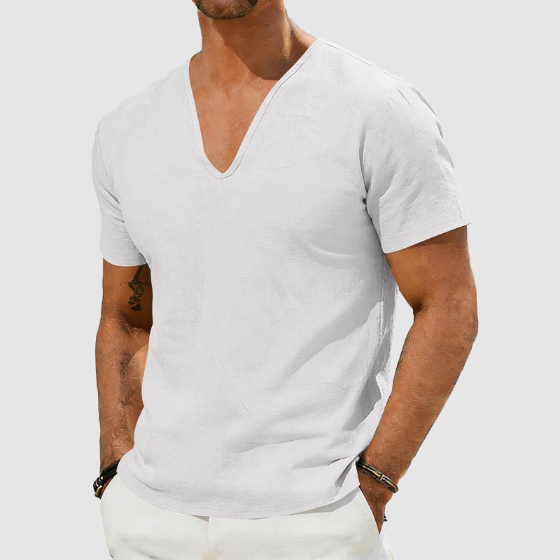 Men's V-Neck Linen Short-Sleeve T-Shirt - White