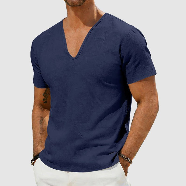 Men's V-Neck Linen Short-Sleeve T-Shirt - Dark Blue