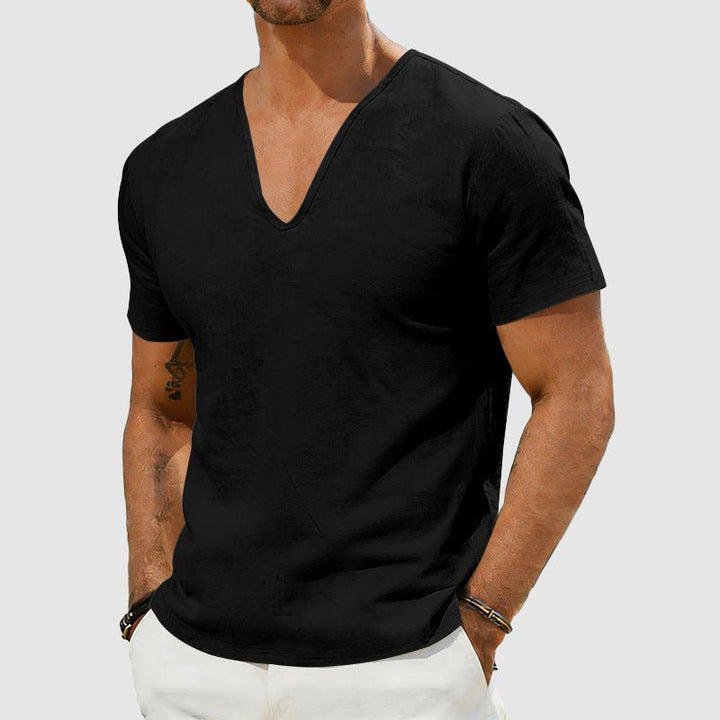 Men's V-Neck Linen Short-Sleeve T-Shirt - Black