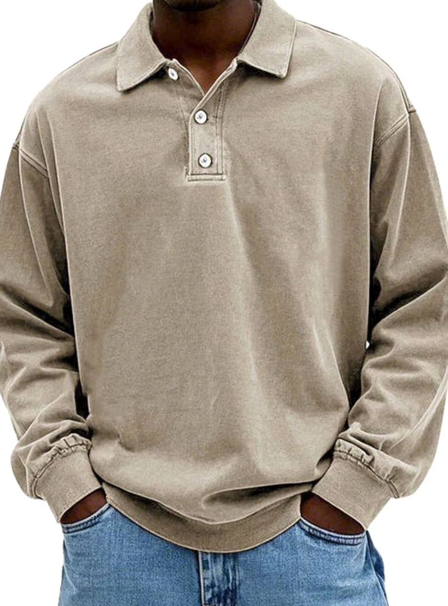 Men's Vintage Long Sleeve Relaxed Fit Polo Shirt - Khaki