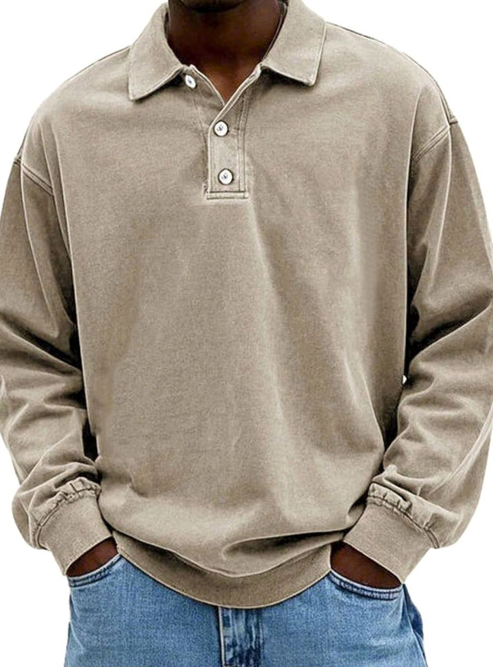 Men's Vintage Long Sleeve Relaxed Fit Polo Shirt - Khaki