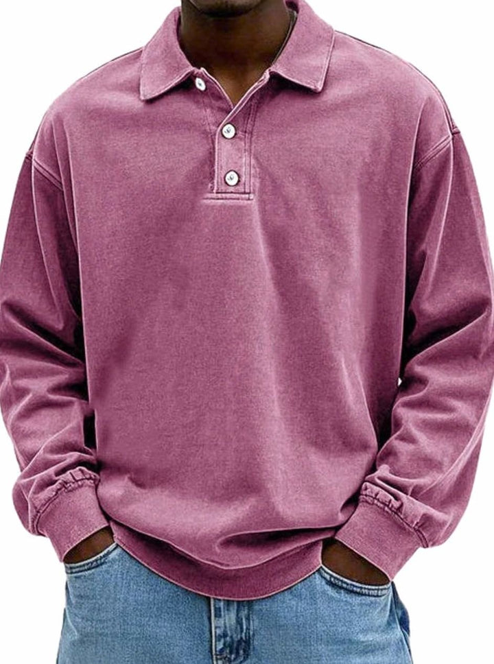 Men's Vintage Long Sleeve Relaxed Fit Polo Shirt - Pink