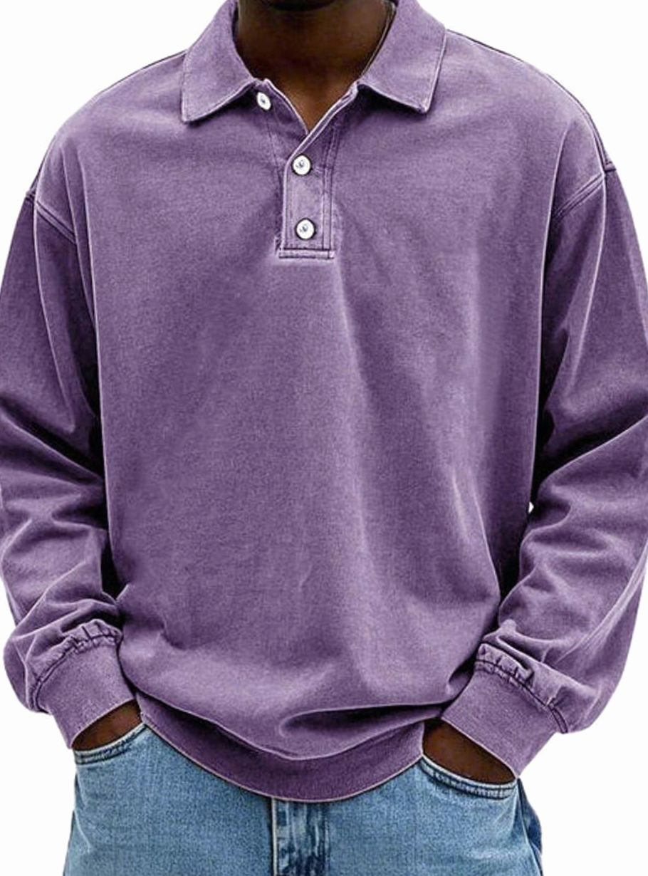 Men's Vintage Long Sleeve Relaxed Fit Polo Shirt - Purple