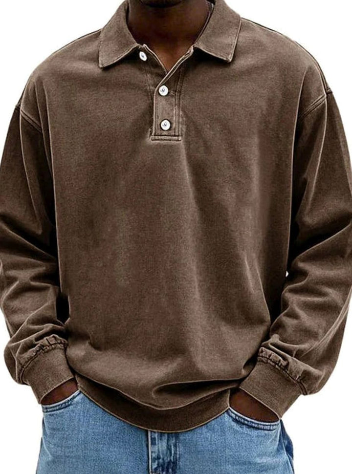 Men's Vintage Long Sleeve Relaxed Fit Polo Shirt - Brown