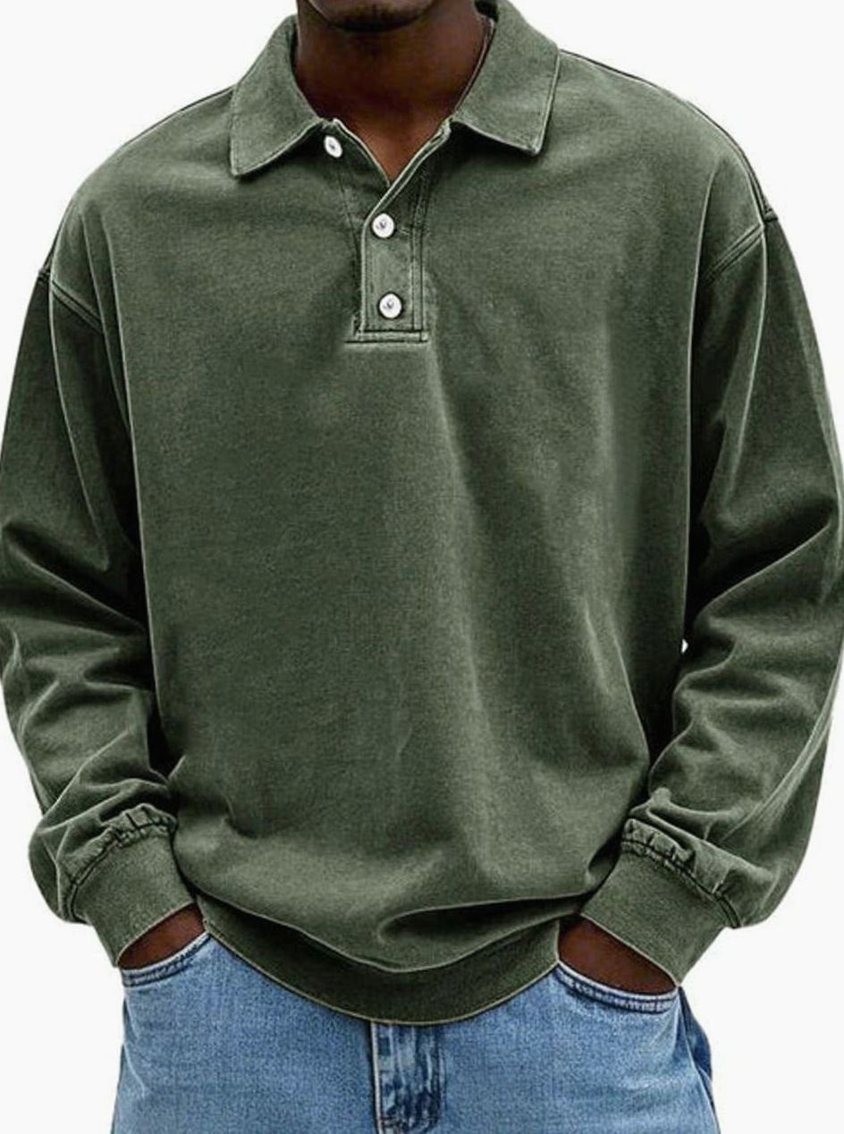 Men's Vintage Long Sleeve Relaxed Fit Polo Shirt - Army Green