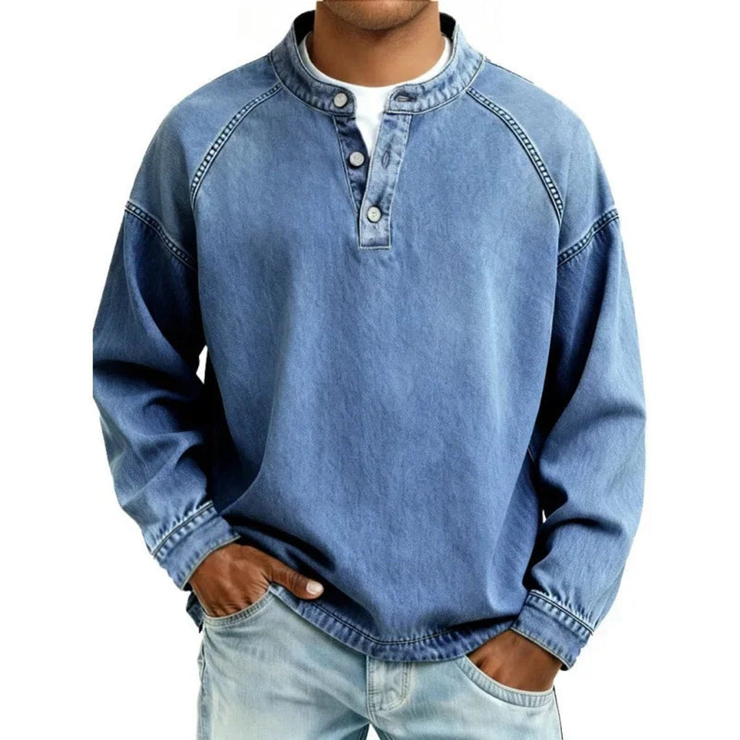 Men's Vintage Washed Denim-Look Button-Placket Pullover Jumper - Sky Blue