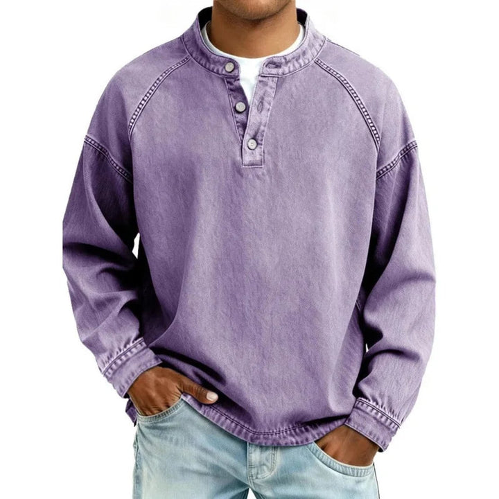 Men's Vintage Washed Denim-Look Button-Placket Pullover Jumper - Purple