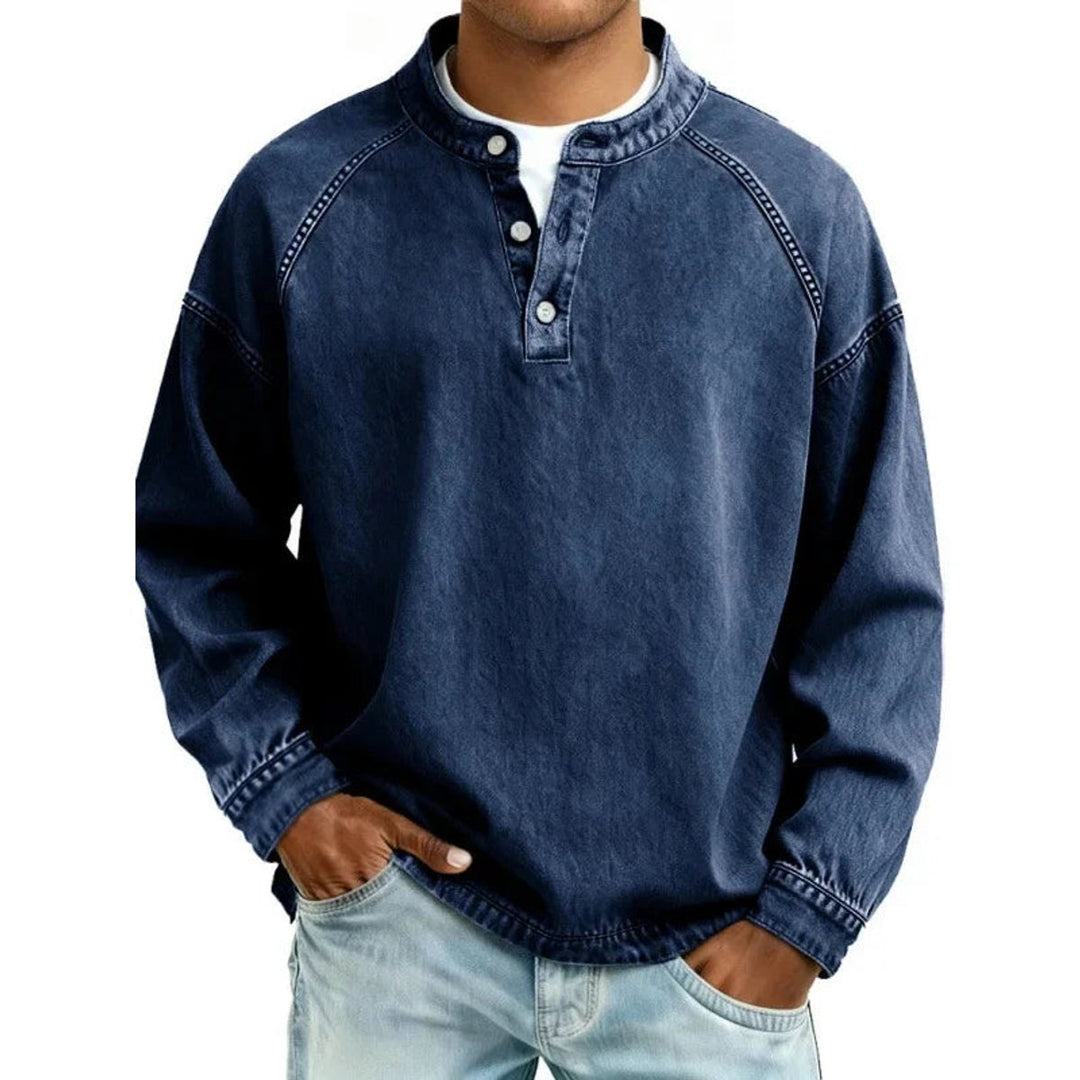 Men's Vintage Washed Denim-Look Button-Placket Pullover Jumper - Dark Blue