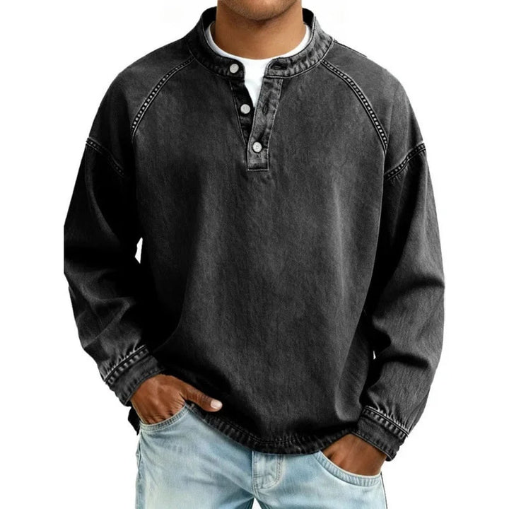 Men's Vintage Washed Denim-Look Button-Placket Pullover Jumper - Black