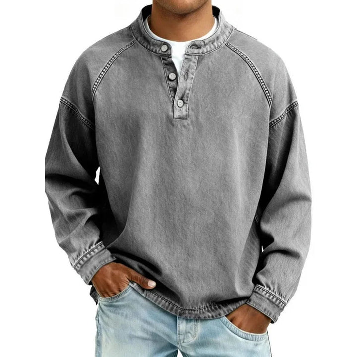Men's Vintage Washed Denim-Look Button-Placket Pullover Jumper - Grey