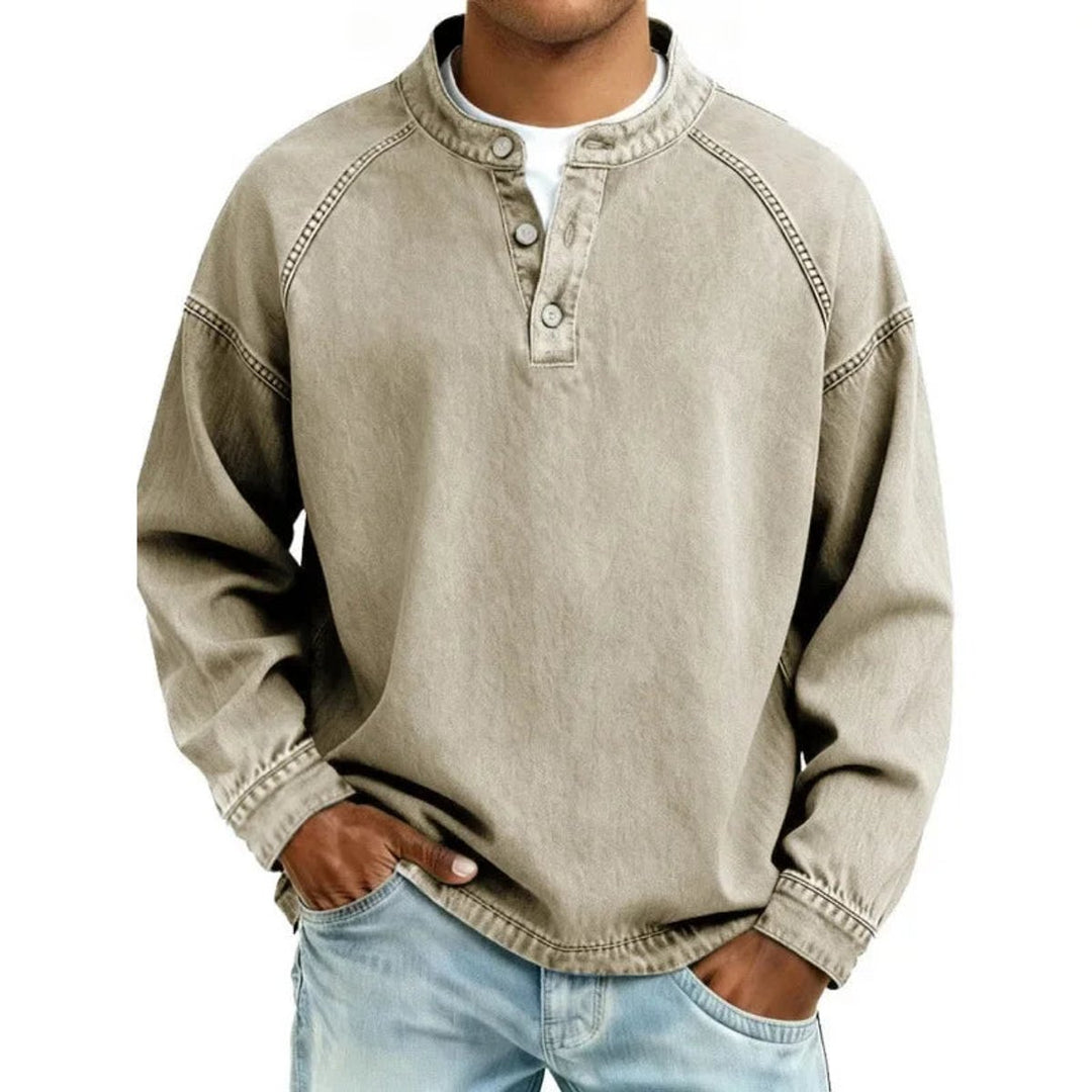 Men's Vintage Washed Denim-Look Button-Placket Pullover Jumper - Khaki