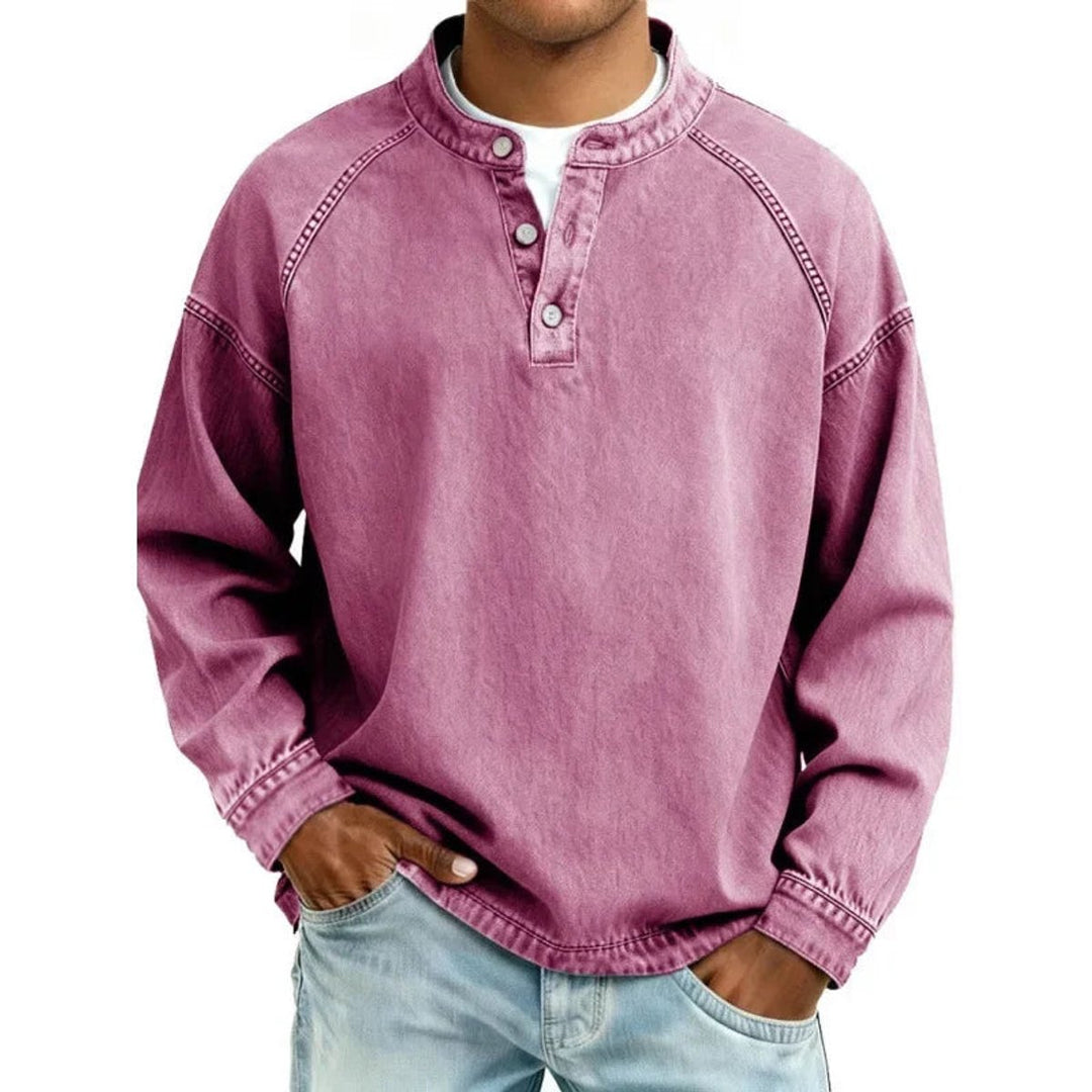 Men's Vintage Washed Denim-Look Button-Placket Pullover Jumper - Pink