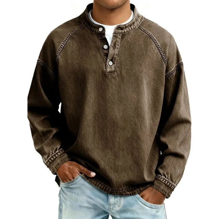 Men's Vintage Washed Denim-Look Button-Placket Pullover Jumper - Dark Brown