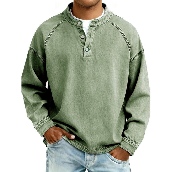 Men's Vintage Washed Denim-Look Button-Placket Pullover Jumper - Green
