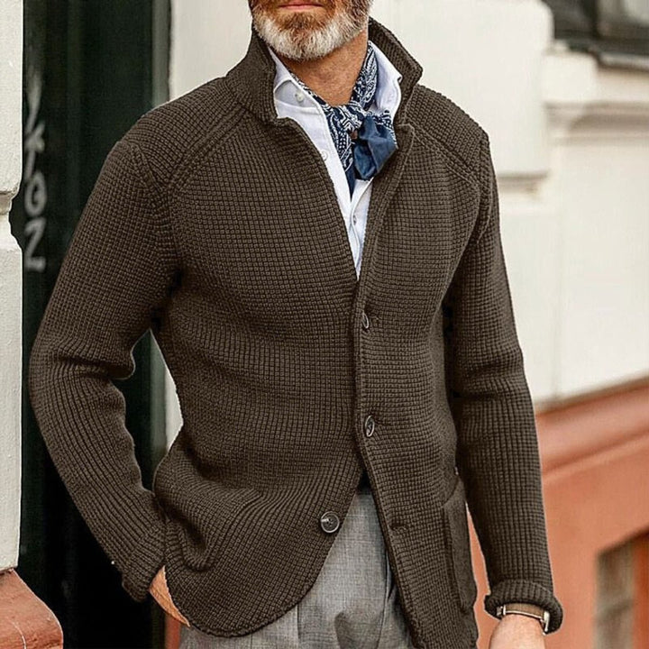 Men's Waffle-Knit Button-Up Cardigan Relaxed Fit Jumper - Coffee