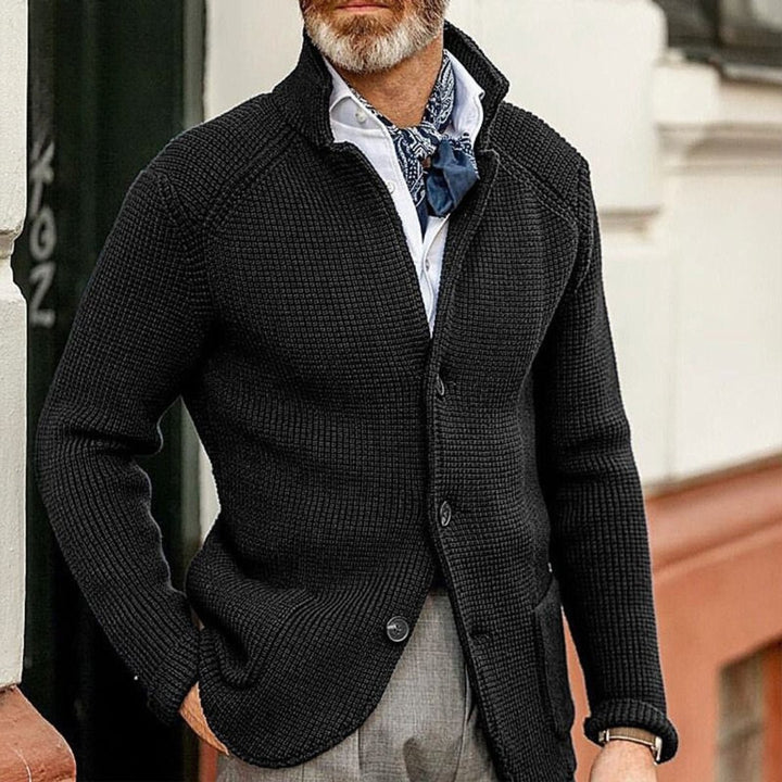 Men's Waffle-Knit Button-Up Cardigan Relaxed Fit Jumper - Black