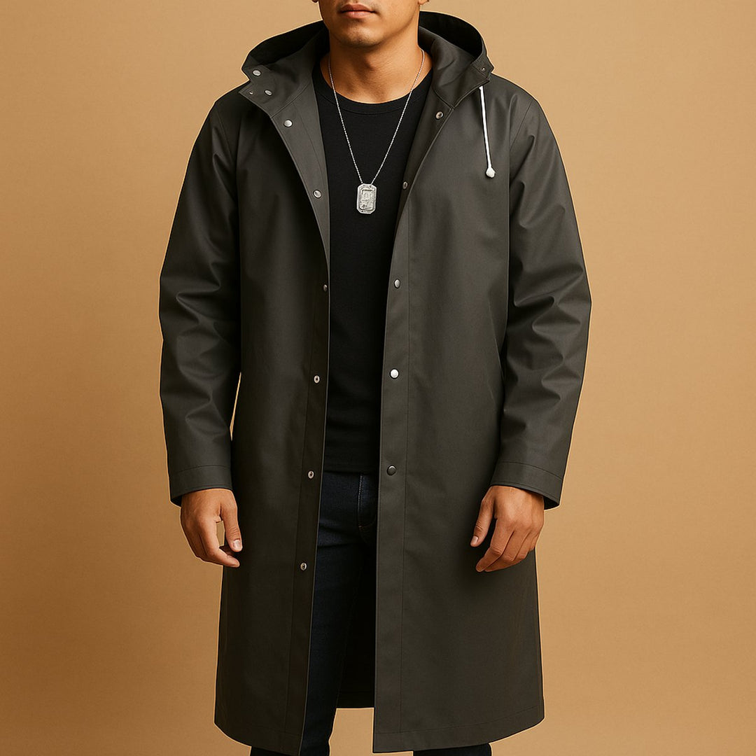 Men's Waterproof Hooded Long Rain Jacket Casual Fit EVA