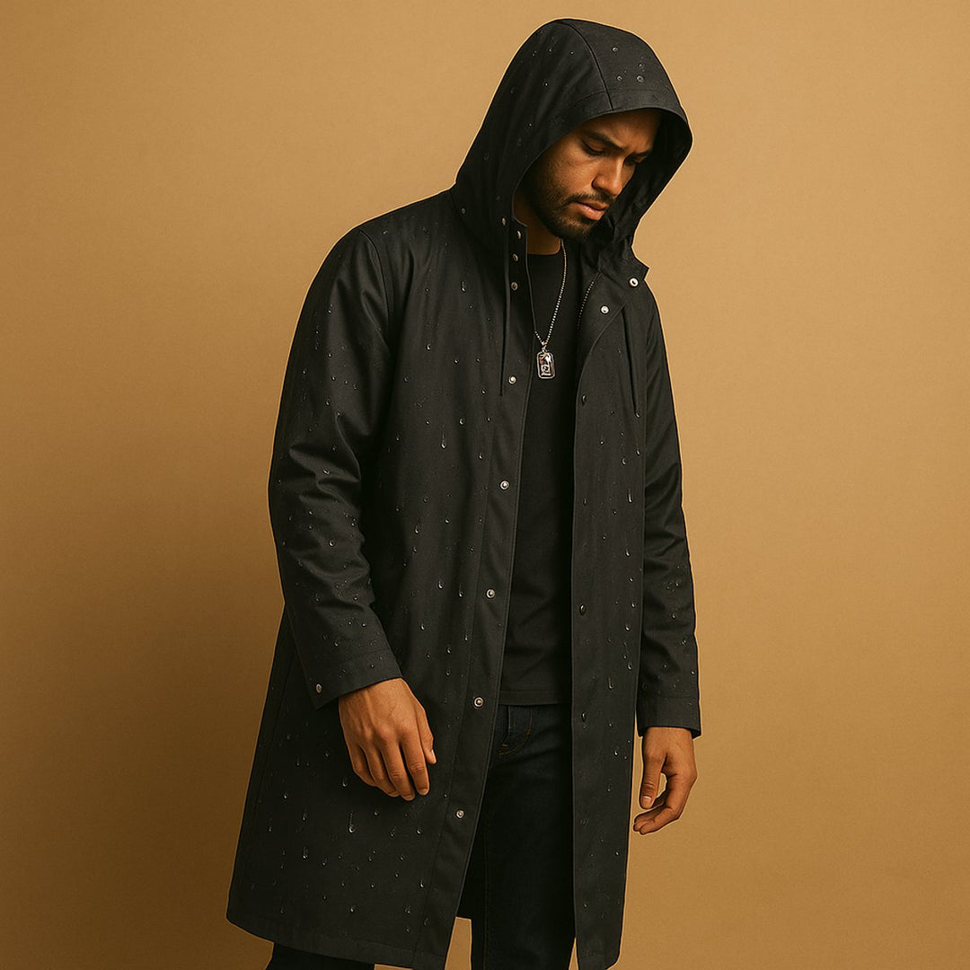 Men's Waterproof Hooded Long Rain Jacket Casual Fit EVA