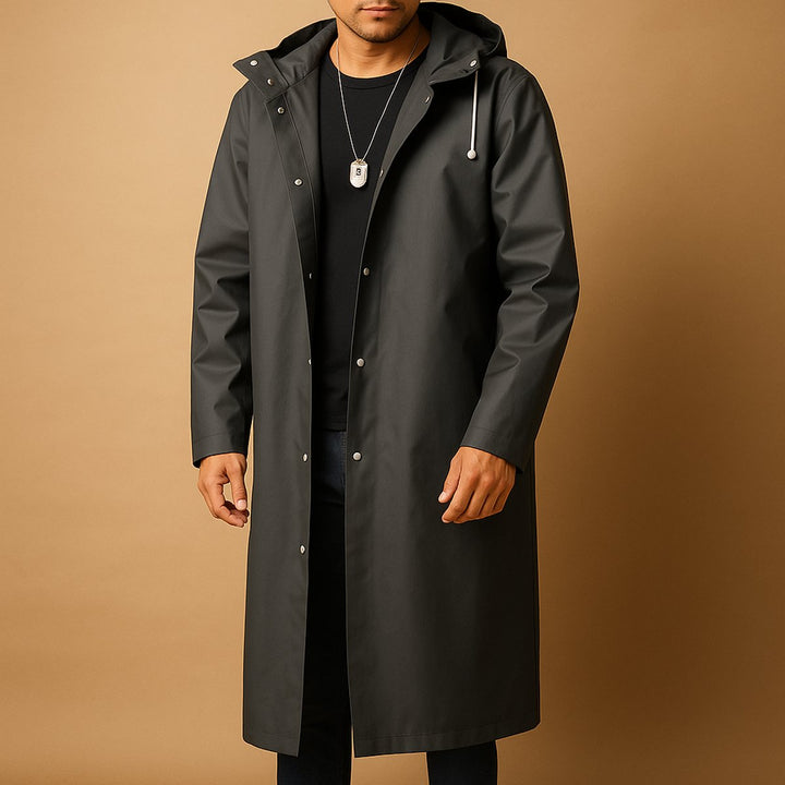 Men's Waterproof Hooded Long Rain Jacket Casual Fit EVA - Black