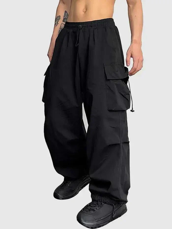 Men's Wide-Leg Cargo Trousers with Adjustable Toggle Cuffs - Black