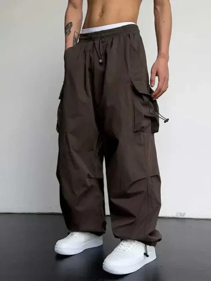 Men's Wide-Leg Cargo Trousers with Adjustable Toggle Cuffs - Dark Brown