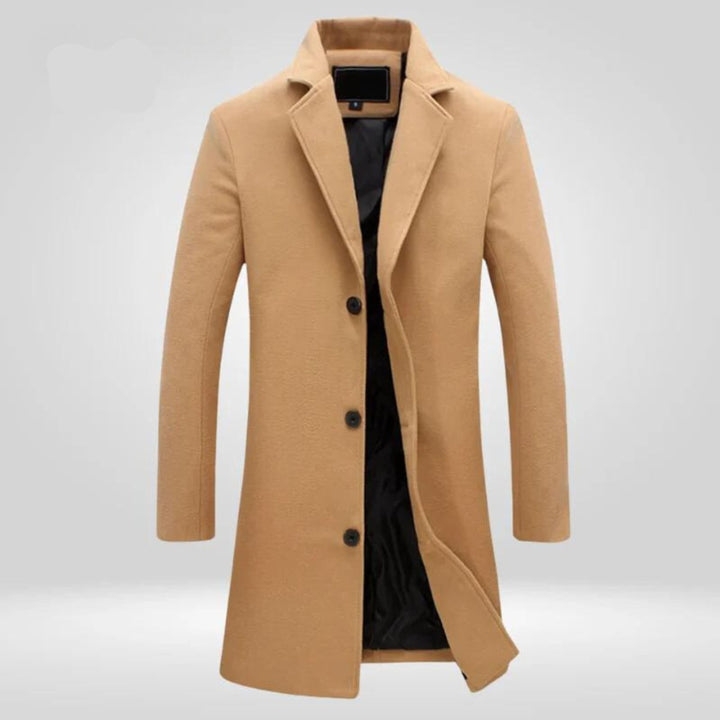 Mens Wool Coat Single-Breasted Long Overcoat - Beige