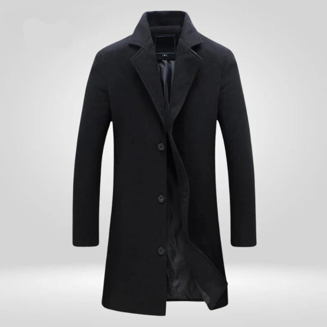 Mens Wool Coat Single-Breasted Long Overcoat - Black